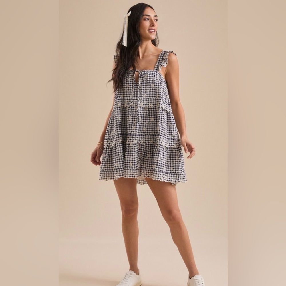NWOT Altar'd State Dark Navy/White Sleeveless Gingham Mini Dress Size Medium